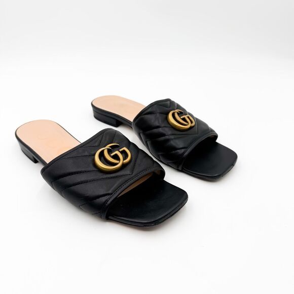 Gucci GG Marmont Quilted Chevron Black Leather Sandals Mules Flats - Picture 2 of 14